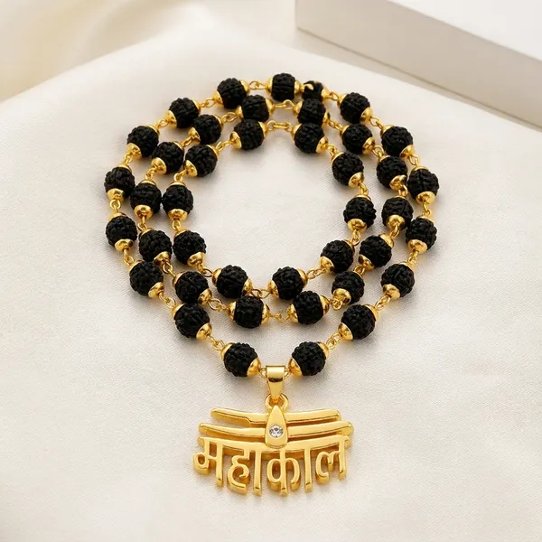 Religious_Jewelry_Mahakal_Locket_With_Puchmukhi_Rudraksha_Mala_8mm_36beads_Gold_Plated_Plated_Wood_Chain