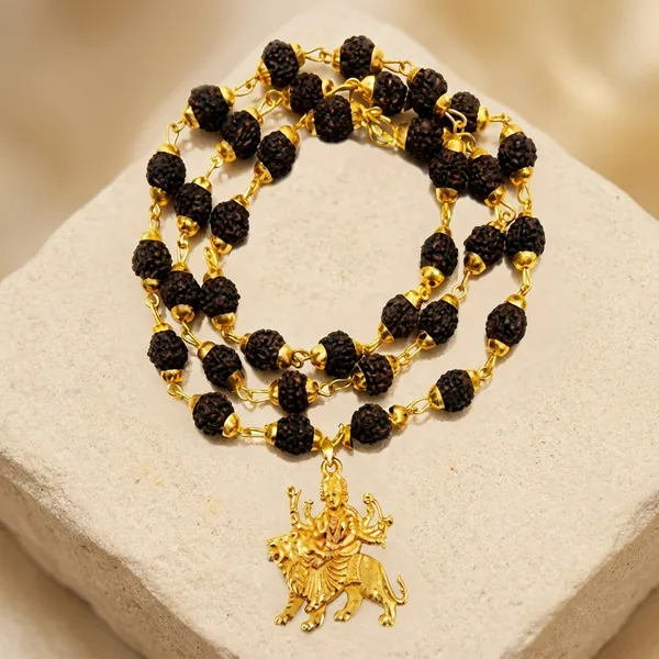 Religious_Jewelry_Durga_Locket_With_Puchmukhi_Rudraksha_Mala_8mm_36beads_Gold_Plated_Plated_Wood_Chain