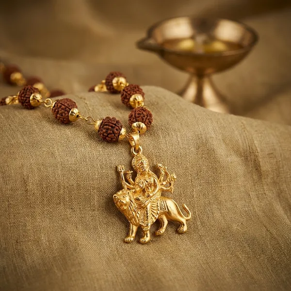 Religious_Jewelry_Durga_Locket_With_Puchmukhi_Rudraksha_Mala_8mm_36beads_Gold_Plated_Plated_Wood_Chain
