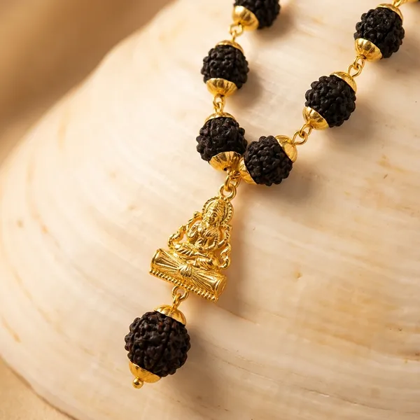Religious_Jewelry_Shiv_Locket_With_Puchmukhi_Rudraksha_Mala_8mm_36beads_Gold_Plated_Plated_Wood_Chain