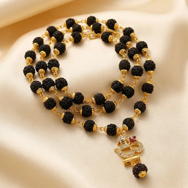 Religious_Jewelry_Om_Damru_Locket_With_Puchmukhi_Rudraksha_Mala_8mm_36beads_Gold_Plated_Plated_Wood_Chain