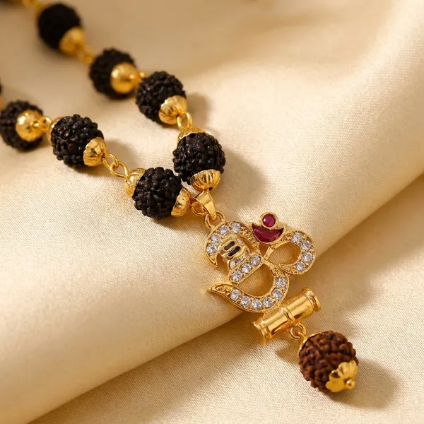 Religious_Jewelry_Om_Damru_Locket_With_Puchmukhi_Rudraksha_Mala_8mm_36beads_Gold_Plated_Plated_Wood_Chain