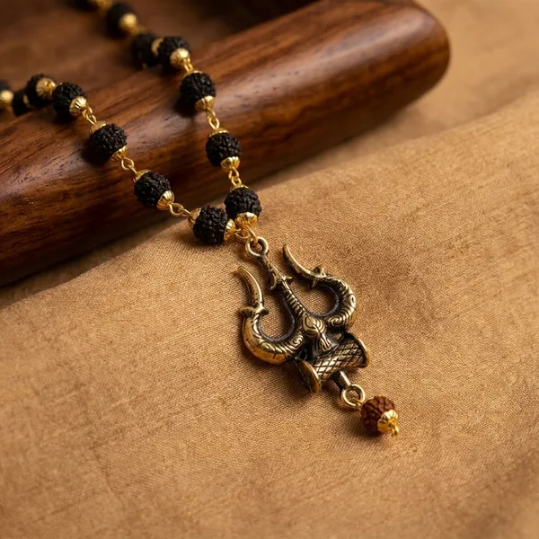 Religious_Jewelry_Trishul_Locket_With_Puchmukhi_Rudraksha_Mala_8mm_36beads_Gold_Plated_Plated_Wood_Chain