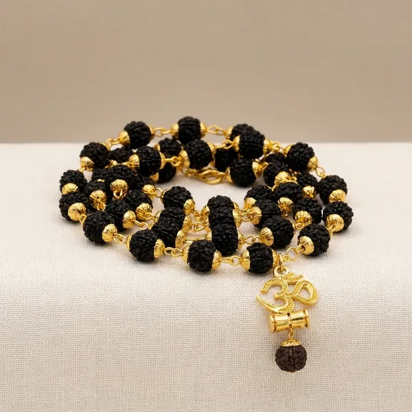 Religious_Jewelry_Om_Damru_Locket_With_Puchmukhi_Rudraksha_Mala_8mm_36beads_Gold_Plated_Plated_Wood_Chain