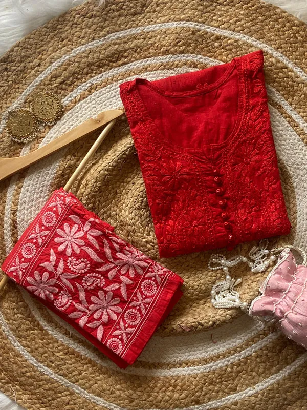 Red_Dobby_Chikankari_Cotton_Pant_Set_For_Women