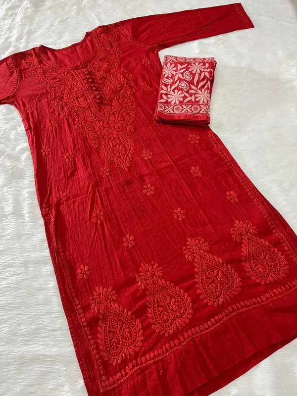 Red_Dobby_Chikankari_Cotton_Pant_Set_For_Women