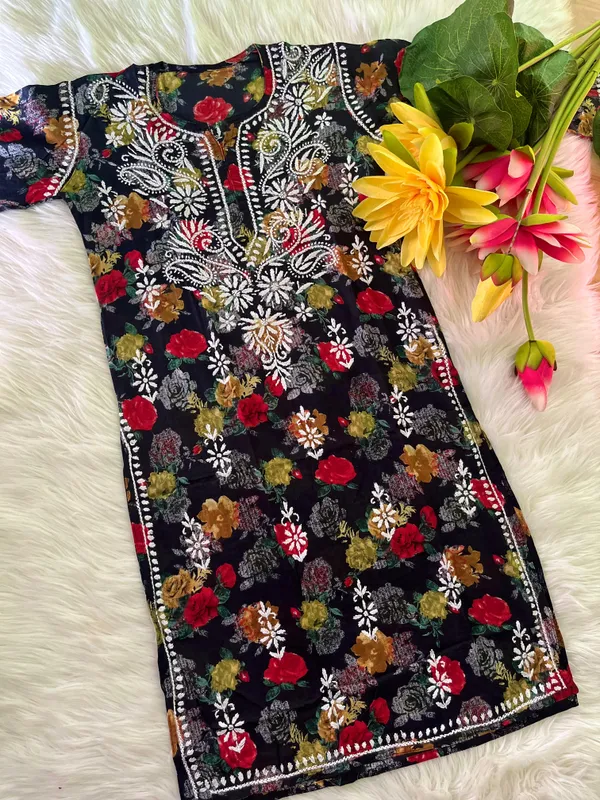 Black_Combo_Mulmul_Print_Chikankari_Hand_Work_Kurti_For_Women