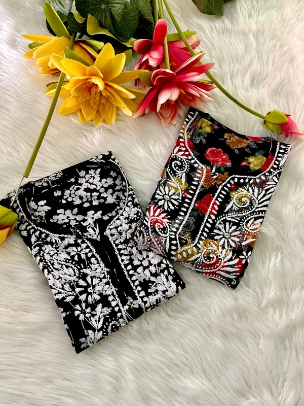 Black_Combo_Mulmul_Print_Chikankari_Hand_Work_Kurti_For_Women