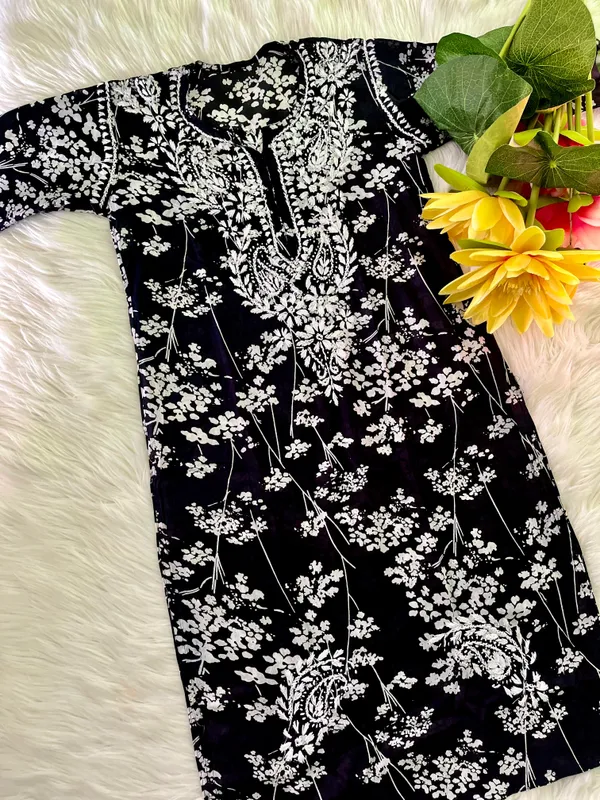 Black_Combo_Mulmul_Print_Chikankari_Hand_Work_Kurti_For_Women