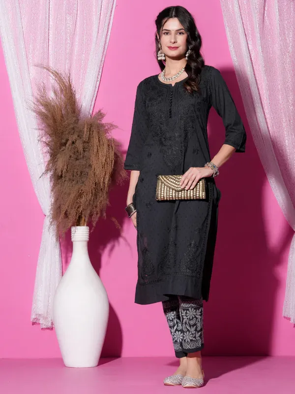 Black_Dobby_Chikankari_Pant_Set_For_Women