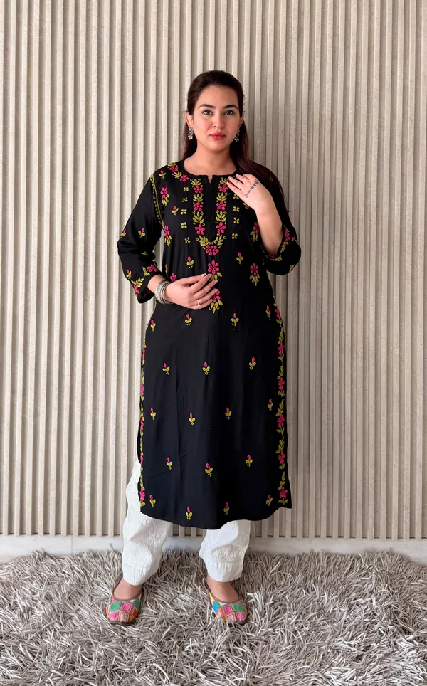 Black_Rayon_Chikan_Kurti_Multi_Work_For_Women