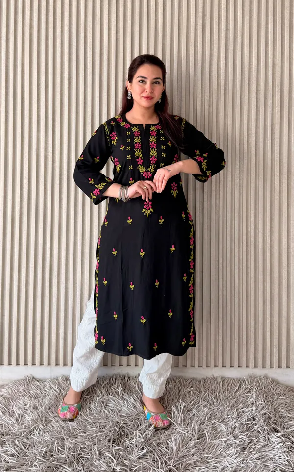Black_Rayon_Chikan_Kurti_Multi_Work_For_Women