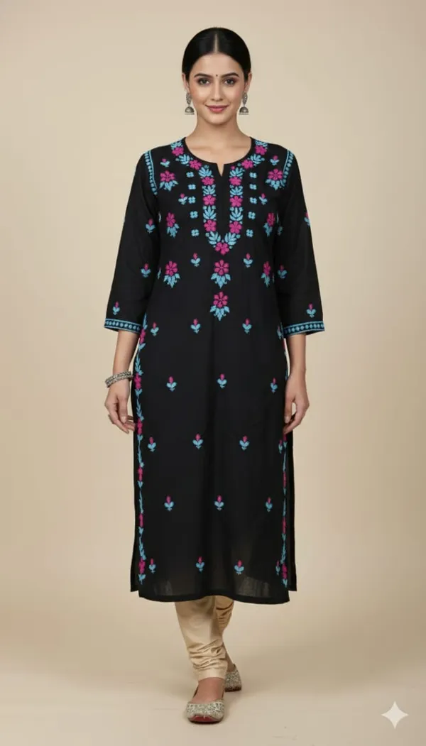 Black_Rayon_Chikankari_Kurti_Blue_Multi_Colour_Work_For_Women