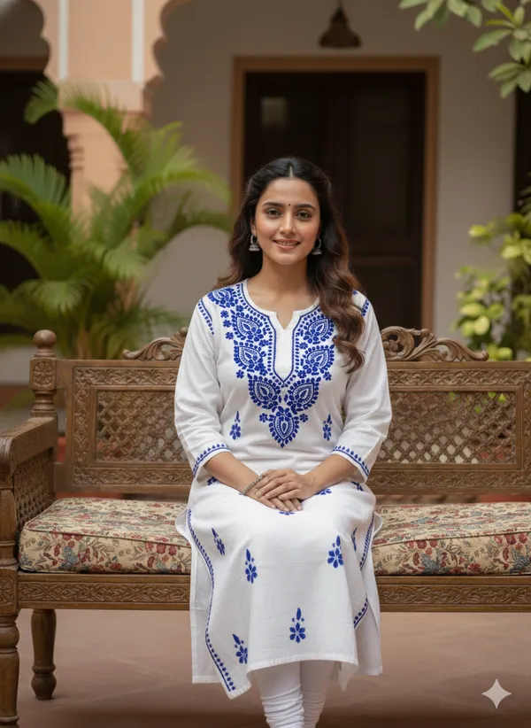 White_Cotton_Blue_Work_Kurti_For_Women