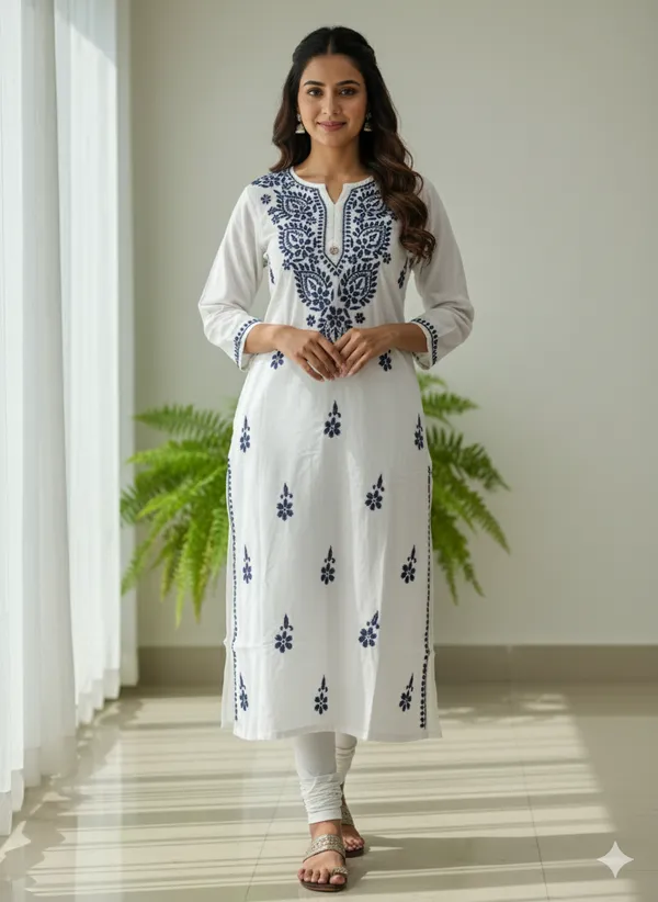 White_Cotton_Blue_Work_Kurti_For_Women