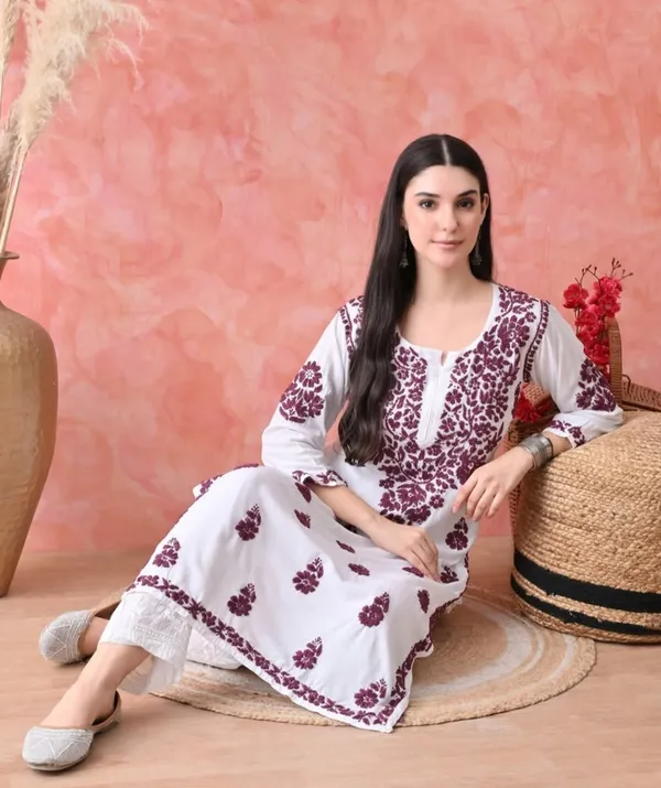 Wine_On_White_Cotton_Chikan_Colour_Work_Kurti_For_Women