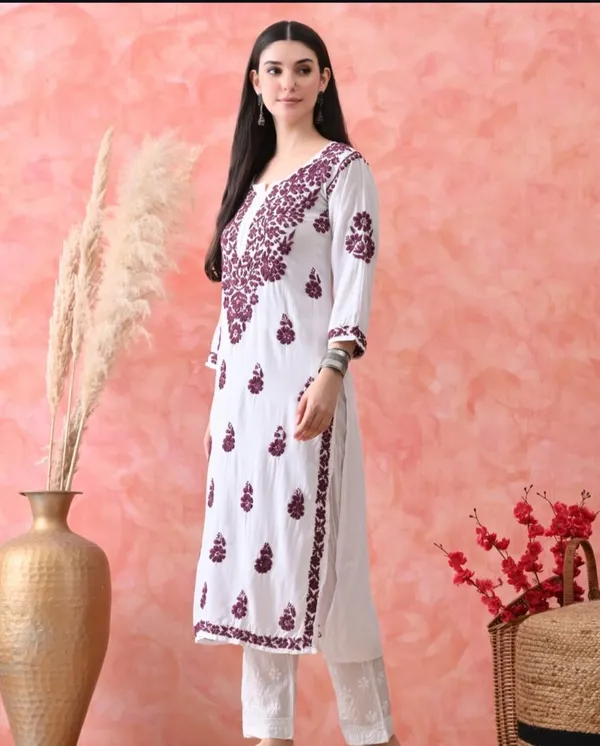 Wine_On_White_Cotton_Chikan_Colour_Work_Kurti_For_Women