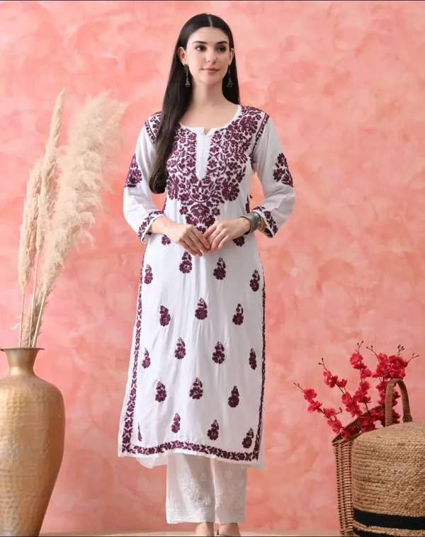 Wine_On_White_Cotton_Chikan_Colour_Work_Kurti_For_Women