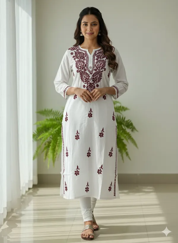 White_Cotton_Chikan_Wine_Work_Kurti_For_Women