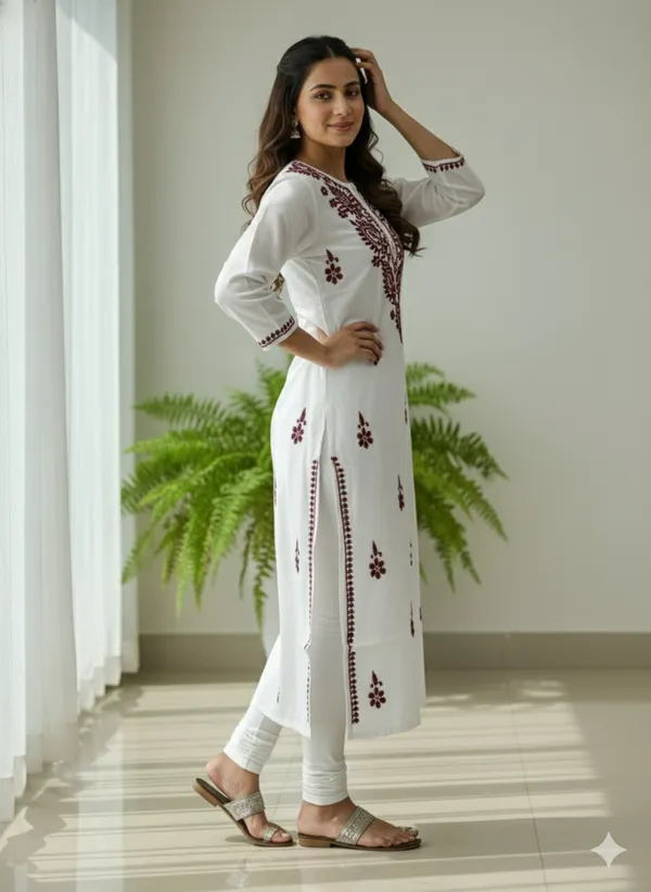 White_Cotton_Chikan_Wine_Work_Kurti_For_Women