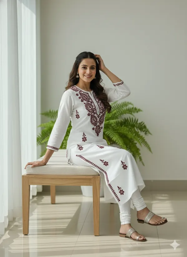 White_Cotton_Chikan_Wine_Work_Kurti_For_Women