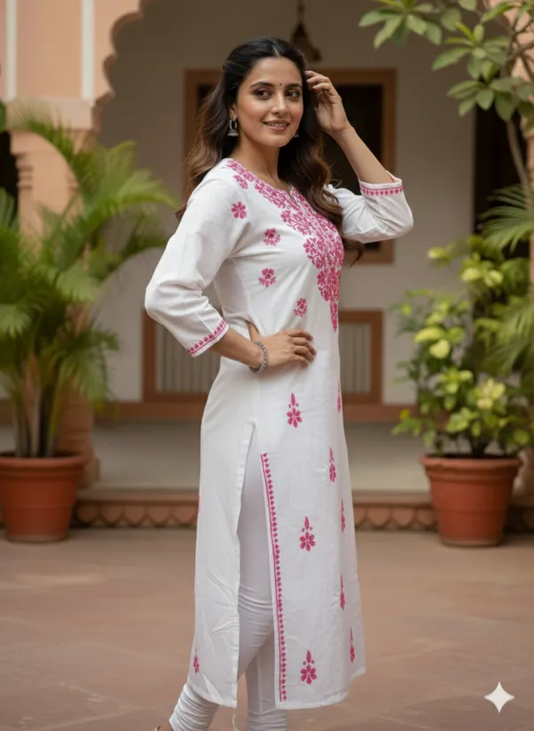 White_Cotton_Pink_Work_Chikan_Kurti_For_Women