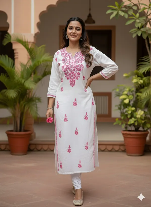 White_Cotton_Pink_Work_Chikan_Kurti_For_Women