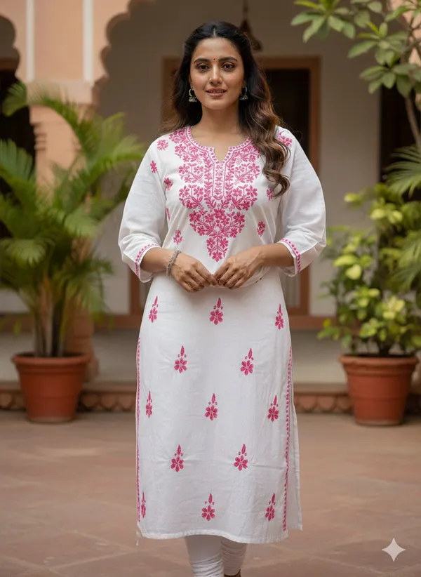 White_Cotton_Pink_Work_Chikan_Kurti_For_Women