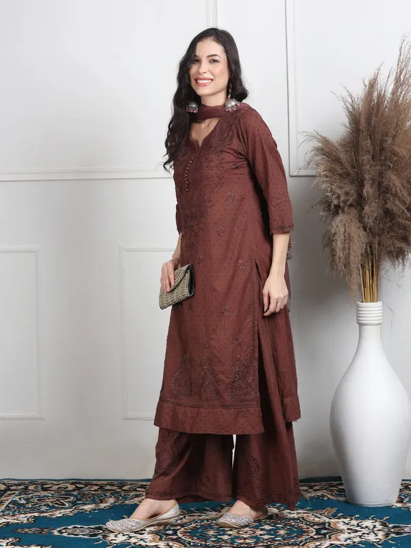 Brown_Dobby_Chikankari_Palazzo_Dupatta_Set_For_Women