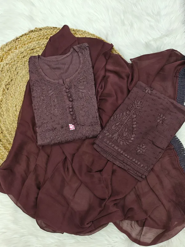 Brown_Dobby_Chikankari_Palazzo_Dupatta_Set_For_Women