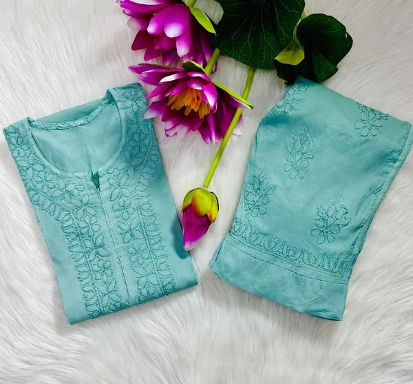 Green_Lucknowi_Chikankari_Chanderi_Pant_Set_For_Women