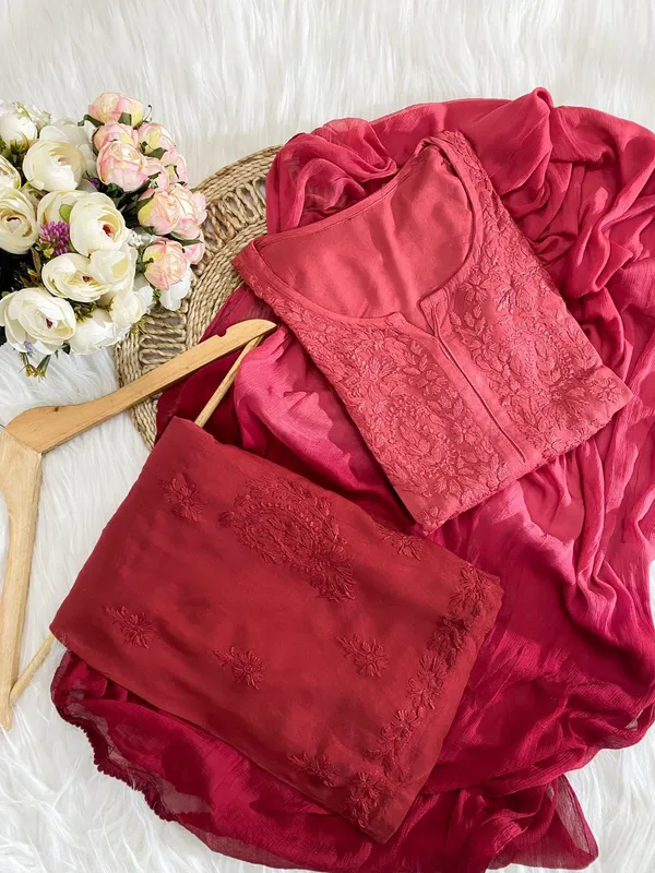 Maroon_Rayon_Chikan_Dupatta_Plazo_Set_For_Women