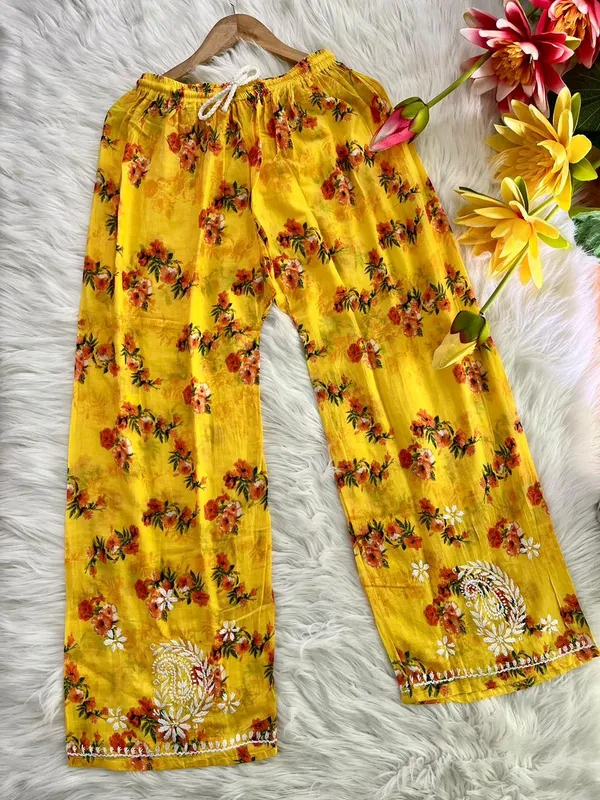 Yellow_Mulmul_Chikankari_Palazzo_Set_For_Women