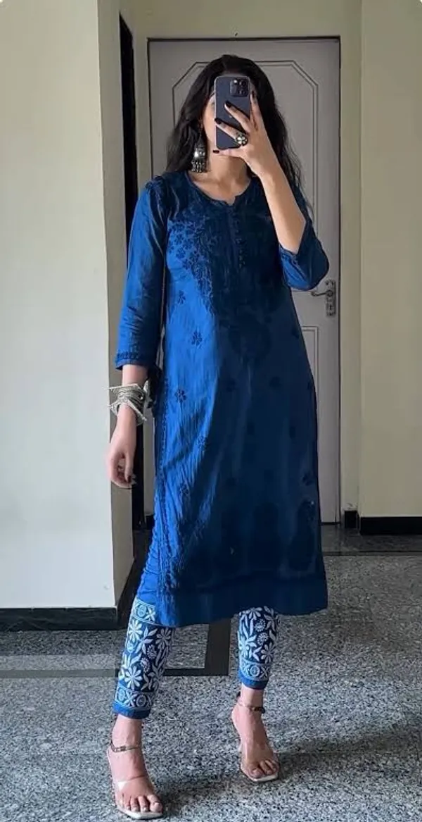 Navy_Blue_Dobby_Chikankari_Pant_Set_For_Women