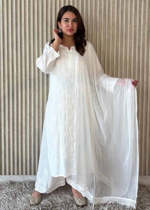 White_Rayon_Fancy_Chikankari_Shibli_Palazzo_Dupatta_Set_For_Women