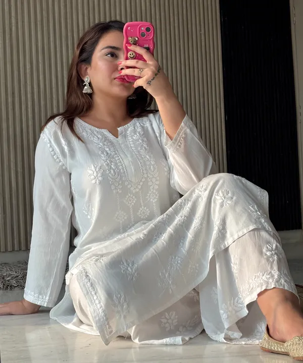 White_Rayon_Fancy_Chikankari_Shibli_Palazzo_Dupatta_Set_For_Women