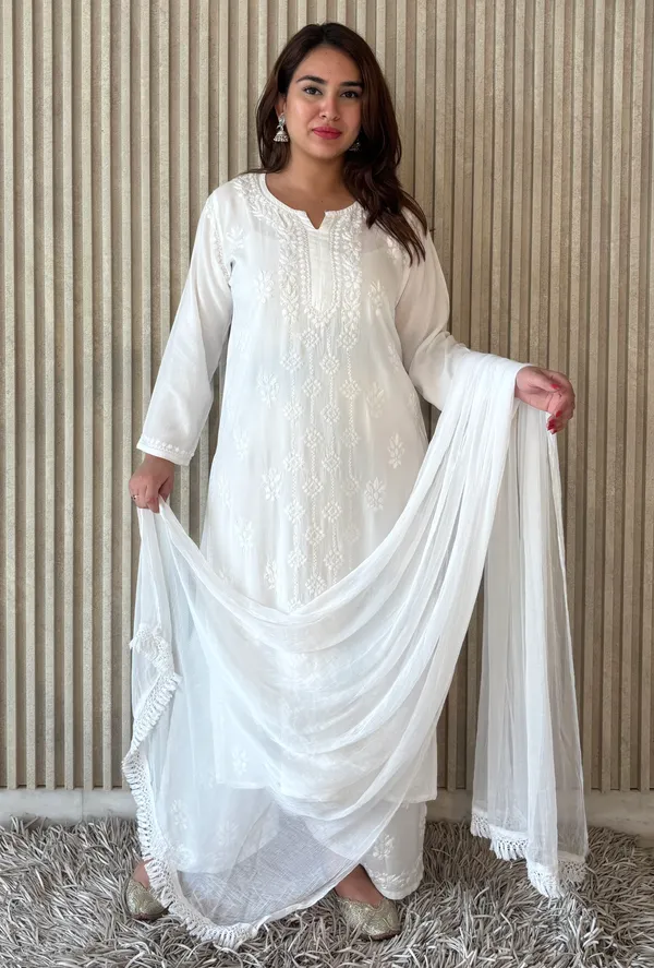 White_Rayon_Fancy_Chikankari_Shibli_Palazzo_Dupatta_Set_For_Women