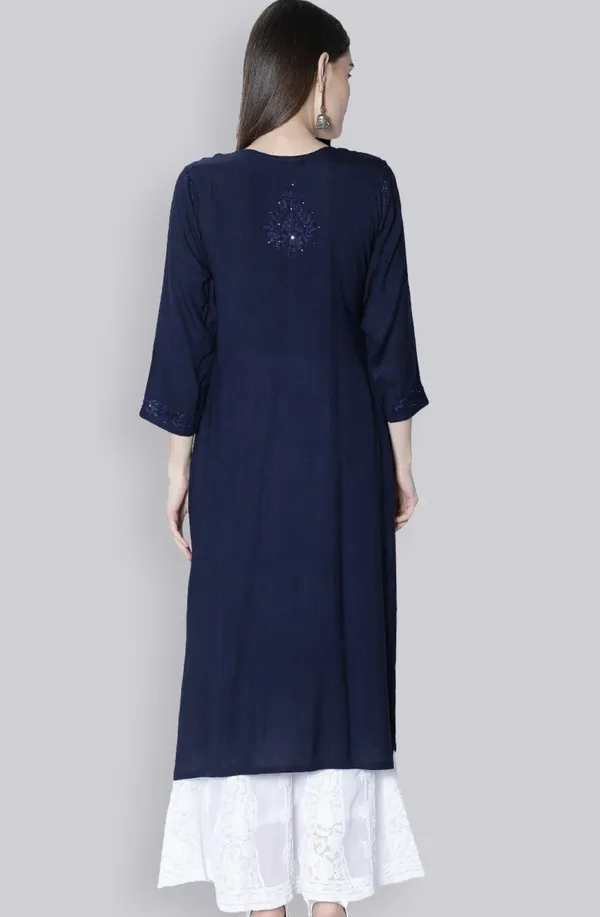 Navy_Blue_Rayon_Chikan_Mukesh_Work_Kurti_For_Women
