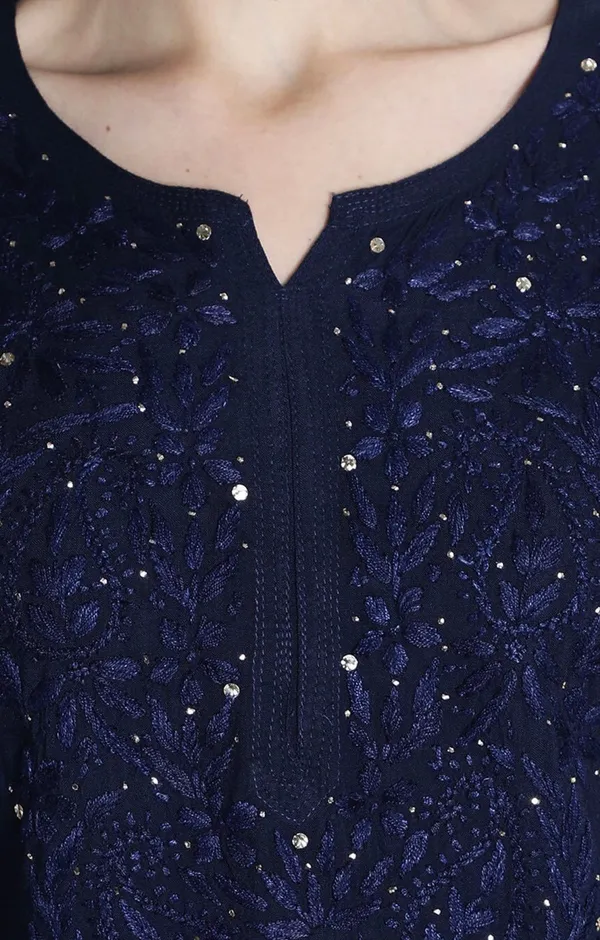 Navy_Blue_Rayon_Chikan_Mukesh_Work_Kurti_For_Women
