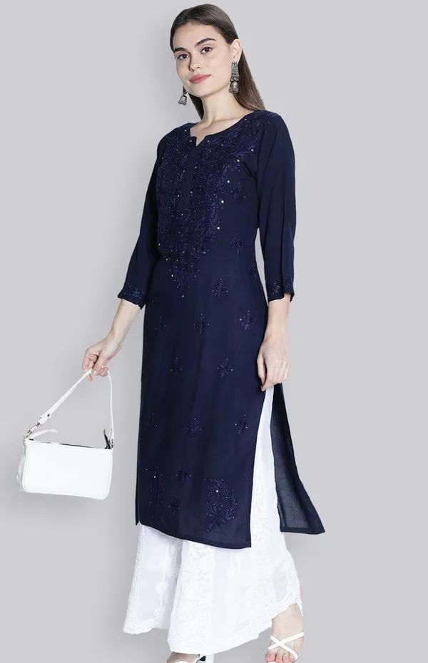 Navy_Blue_Rayon_Chikan_Mukesh_Work_Kurti_For_Women