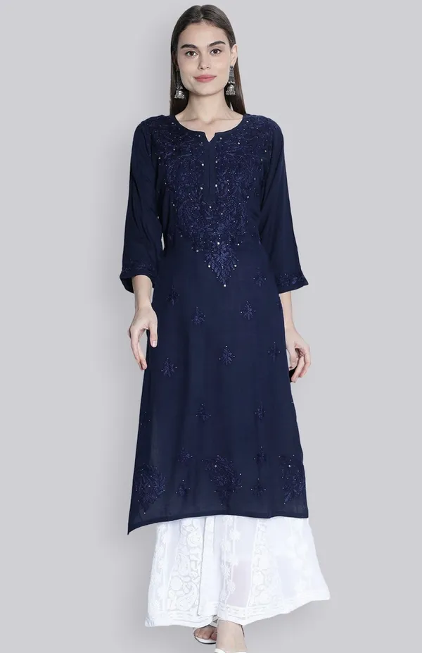 Navy_Blue_Rayon_Chikan_Mukesh_Work_Kurti_For_Women