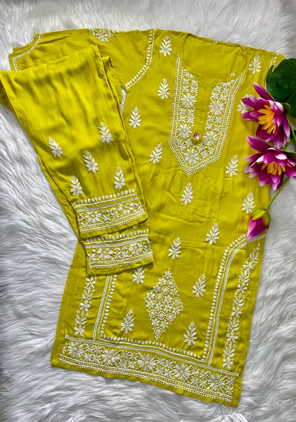 Mustard_Green_Rayon_Chikankari_Designer_Pant_Set_For_Women