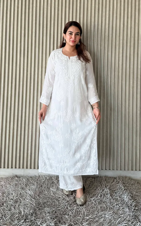 White_Exclusive_Maslin_Chikankari_Kurti_Plazo_Set_For_Women