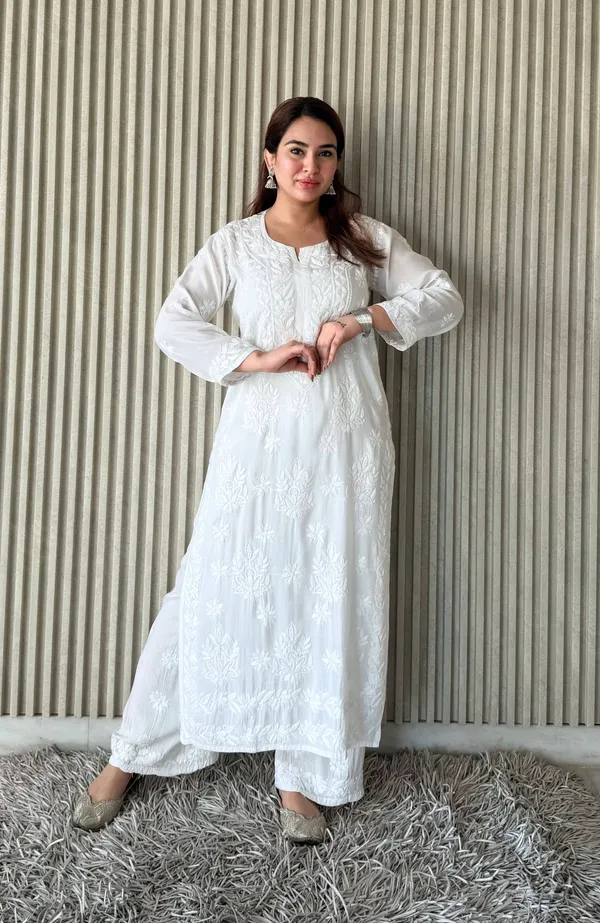 White_Exclusive_Maslin_Chikankari_Kurti_Plazo_Set_For_Women