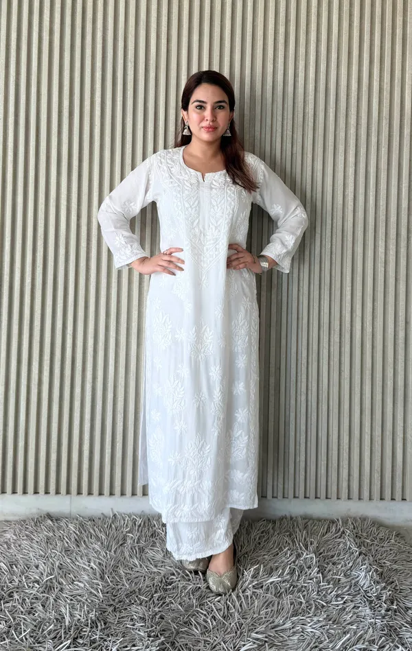 White_Exclusive_Maslin_Chikankari_Kurti_Plazo_Set_For_Women