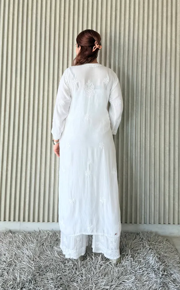White_Exclusive_Maslin_Chikankari_Kurti_Plazo_Set_For_Women