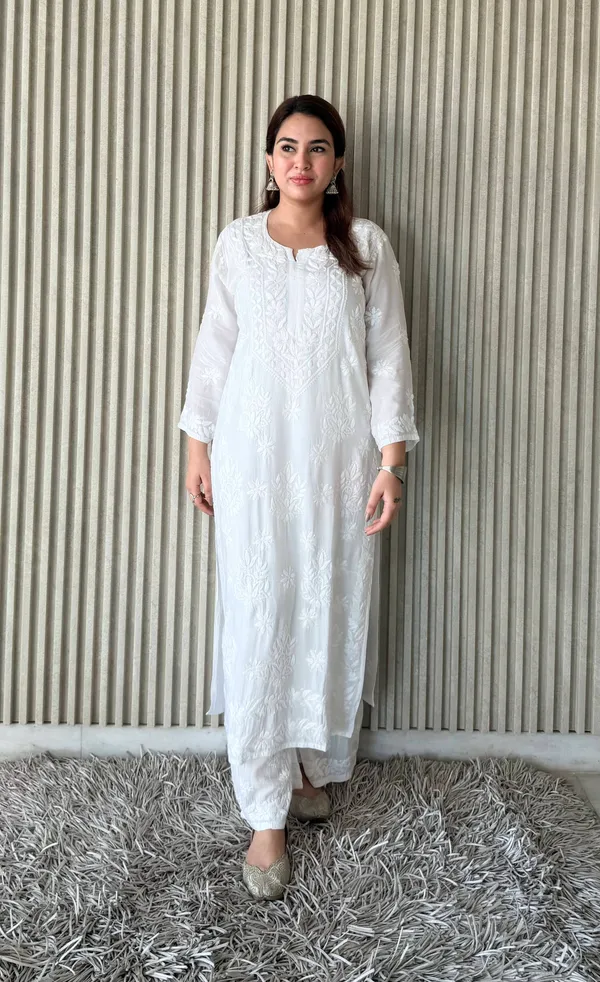 White_Exclusive_Maslin_Chikankari_Kurti_Plazo_Set_For_Women