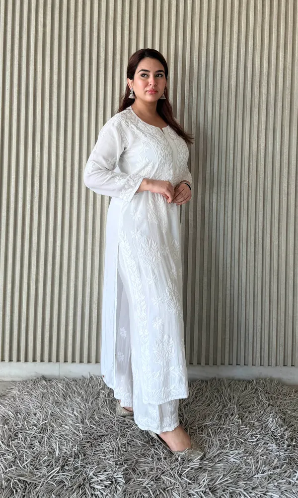 White_Exclusive_Maslin_Chikankari_Kurti_Plazo_Set_For_Women