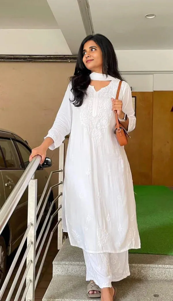 White_Rayon_Chikankari_Fine_Kurta_Plazo_Set_Dupatta_For_Women