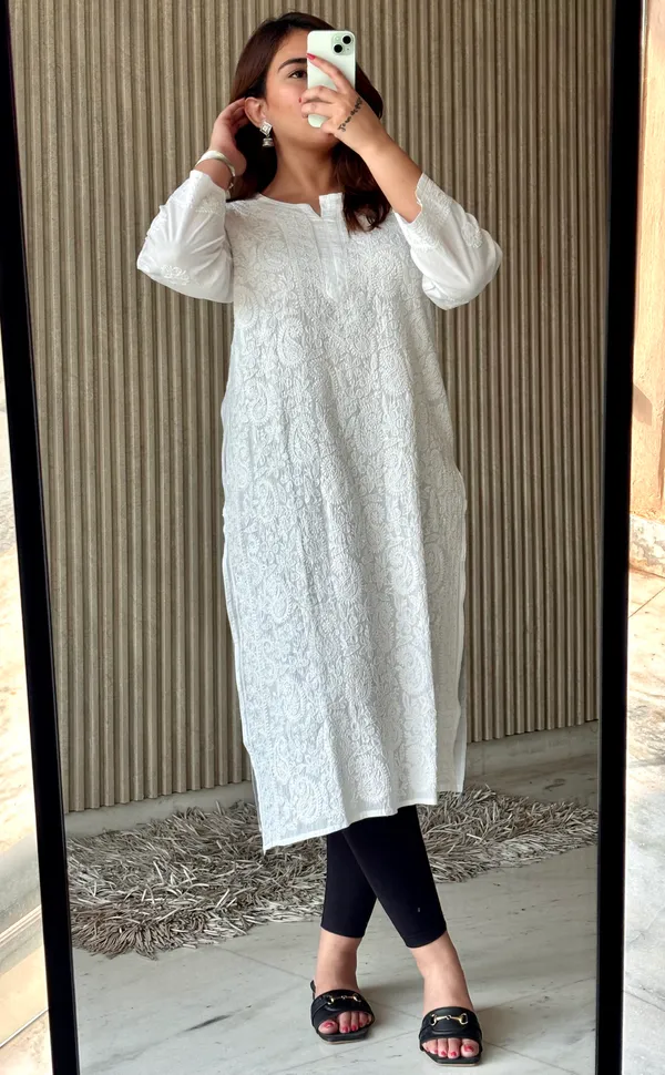 White_Mulmul_Cotton_Jaal_Work_Chikan_Kurti_For_Women